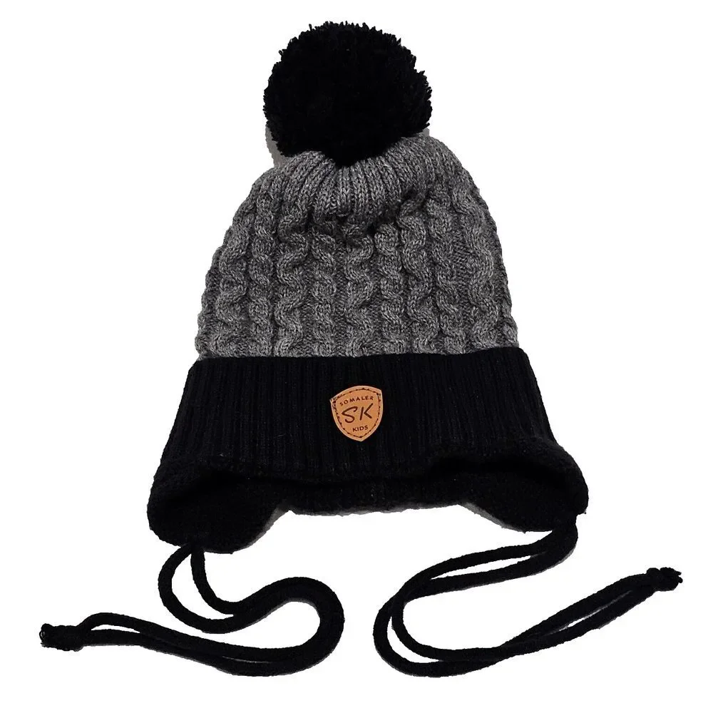 Somaler‎ Kids SK Beanie Toque (Strings & Pom Pom) Gray Black One Size Fits Most